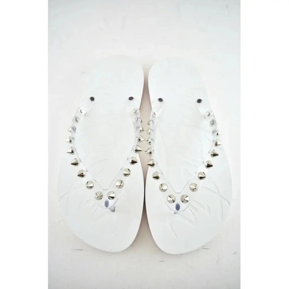Christian Louboutin Loubi Flip Spikes Donna Flat White Thong Flip Flop Sandal 41 - Picture 7 of 12